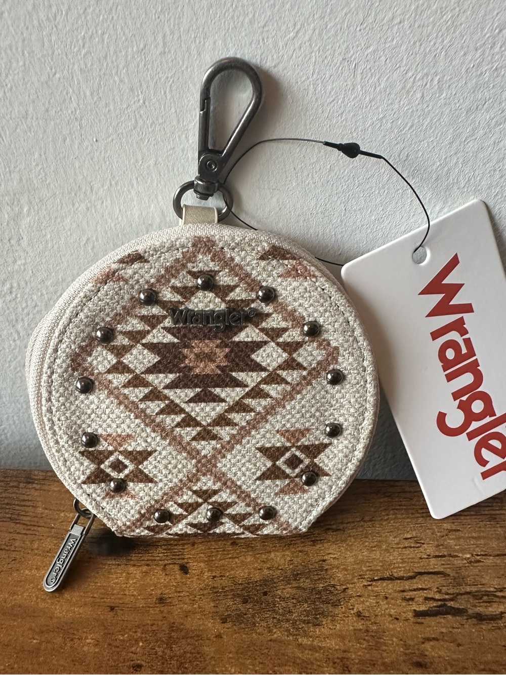 Wrangler Aztec Round Zip Pouch Keychain Bag Charm Beige & Brown w/ Silver Studs